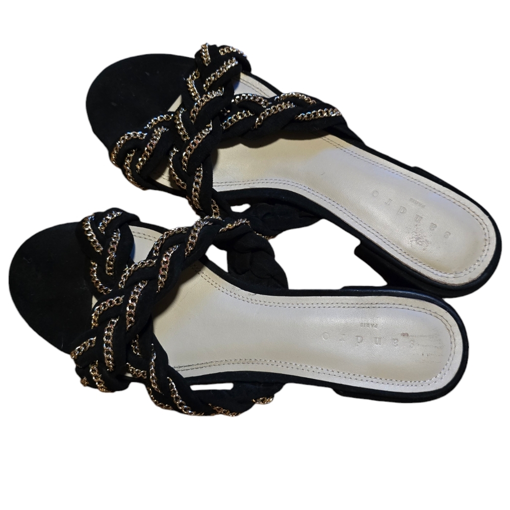 Sandro Chiara Suede Gold Chain Braided Black Slides Size 6.5 View 2